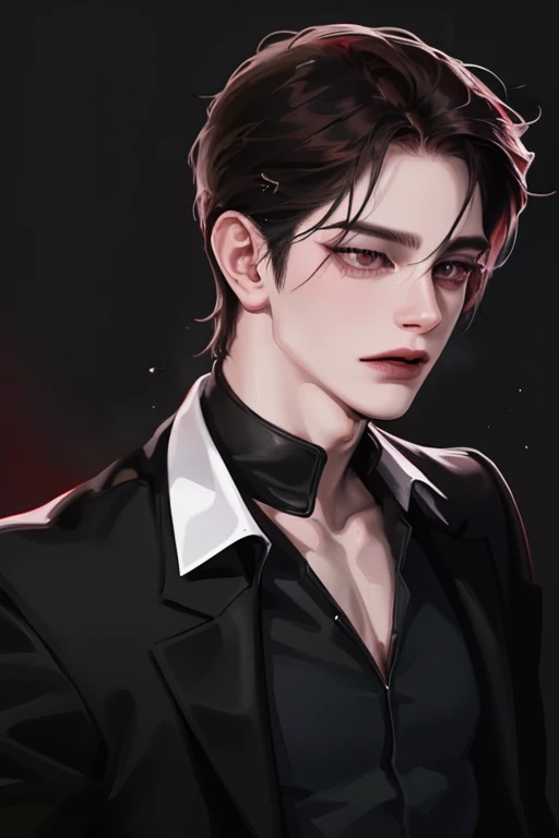 photography of a sexy man, a solo man, (((man))), ((masculine face)), 25 years old, vampire, bad boy, handsome, realistic, (red eyes), expressive look, black hair, long bangs, rose pale lips, (((dark background))), (((city backgtound))), shine hair, angular jaw, broad shoulders, tall, muscular, strong, shaven, black suit, black shirt, super detailed face, perfect body, perfect shapes, realistic image, award winning photography, 8k, (((perfect shiny eyes)))