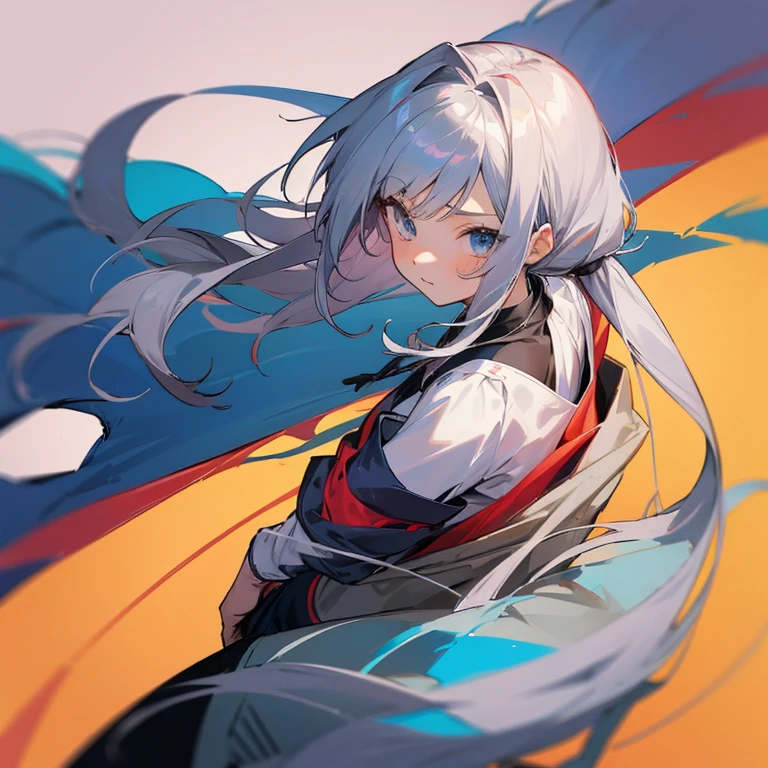 Anime girl. 9 . Silver straight hair. hair to her shoulders. Anime style. 2 d. Drawing. Color. Raggedy clothes.