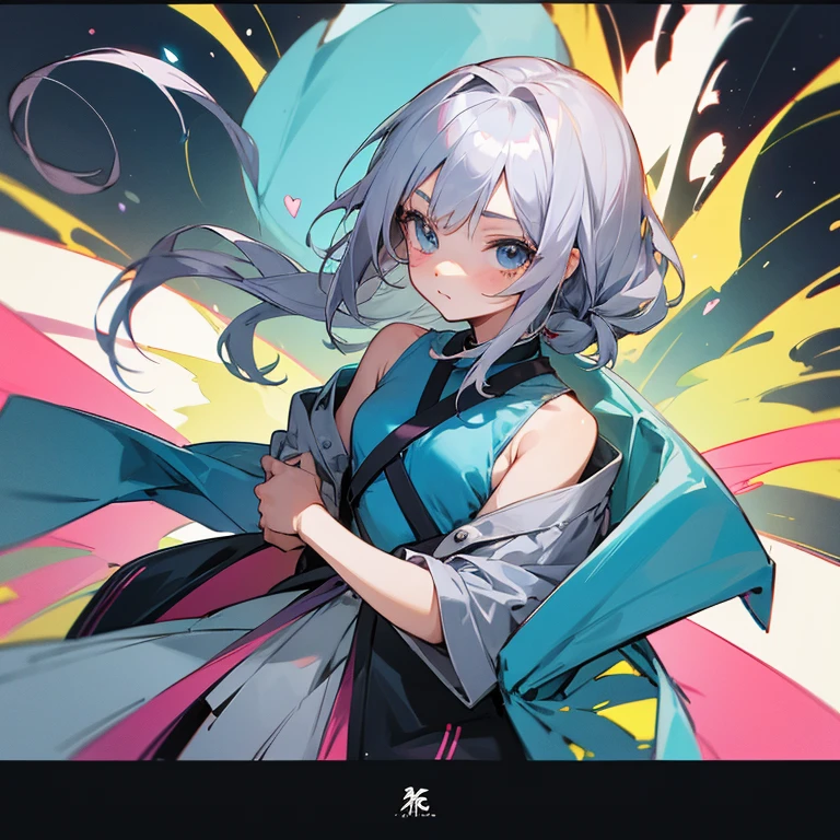 Anime girl. 9 . Silver straight hair. hair to her shoulders. Anime style. 2 d. Drawing. Color. Raggedy clothes.