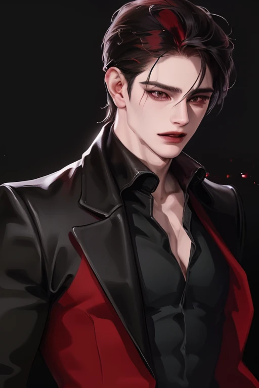 photography of a sexy man, a solo man, (((man))), ((masculine face)), 25 years old, vampire, bad boy, handsome, realistic, (red eyes), expressive look, black hair, long bangs, rose pale lips, (((dark background))), (((city backgtound))), shine hair, angular jaw, broad shoulders, tall, muscular, strong, shaven, black suit, black shirt, super detailed face, perfect body, perfect shapes, realistic image, award winning photography, 8k, (((perfect shiny eyes)))