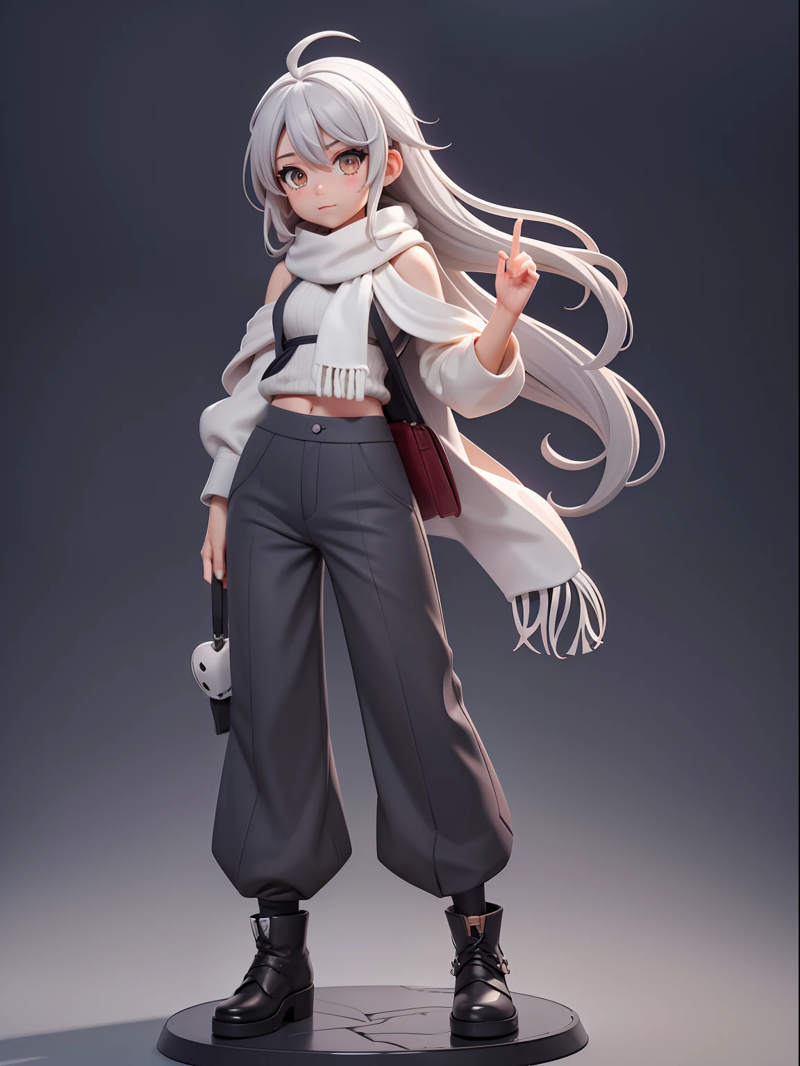 （tmasterpiece）mono color，Half painted，symple background，one girls，scarf，wide-leg pants，Long grey hair，Winner's gesture，（From the front：1.3），