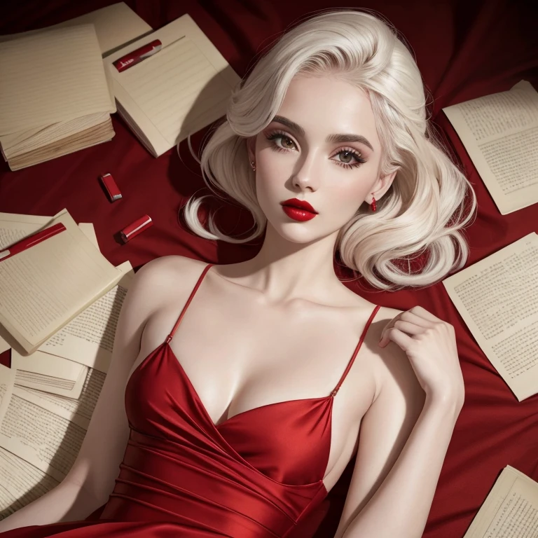 Mulher loira no vestido vermelho deitada em uma cama com livros, Retrato de Kim Petras, ava max, Maria Jane Ansell, retrato editorial, fotografia editorial, vermelho rico, foto de retrato, fada do livro adulto bonita, sexy red lips, com cabelo branco, red lips, imagem editorial, Sergey Zabelin, retrato do livro, meninam vestido vermelho