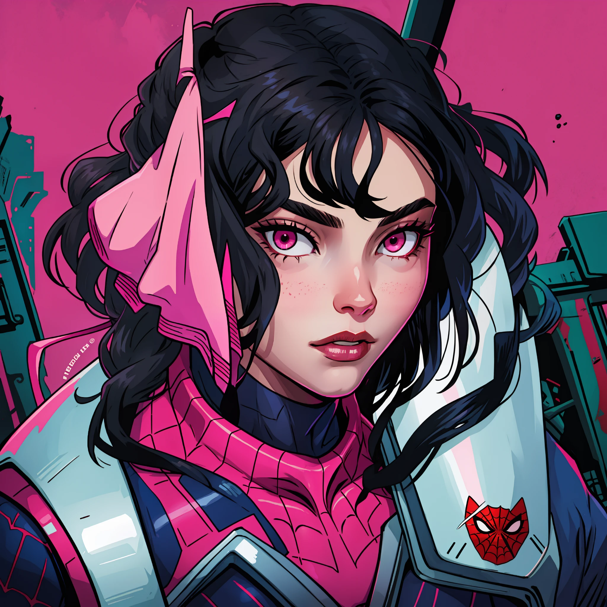 Woman in Spiderman suit, comic art style, black hair, dark pink eyes, and the suit would be pink with silver outlines