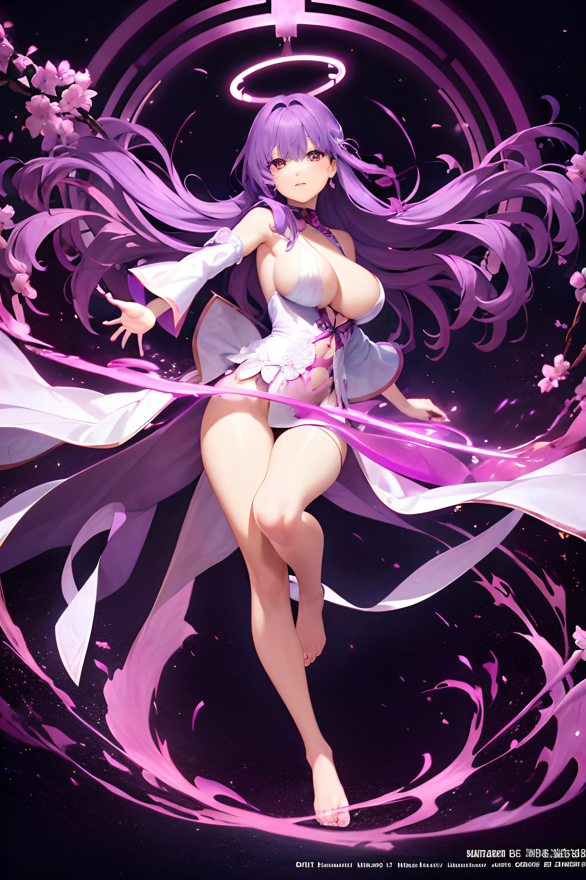 ((Sakura Matou)), (energy wing), white and purple robe, holy, purple hair, long purple hair, energy dress, half-naked, energy halo, barefoot, official art, unity 8k wallpaper, ultra detailed, beautiful and aesthetic, High quality, beautiful, masterpiece, best quality, detailed face, detailed feet,