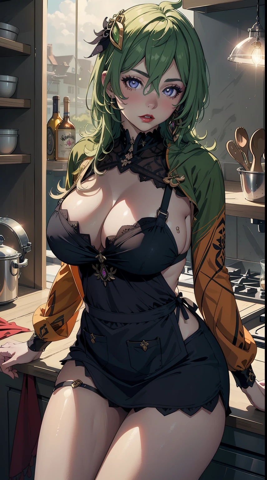 ((masterpiece)),(bestquality),((ultra-detailed)), ((beautiful detailed sky)), ((cinematic lighting)), depth of field, (dynamic angle),detailed lighting,(beautiful detailed eyes), (only apron), in the kitchen, red lip, eyeshadow,large breast, sexy, cleavage, bare thighs, colleidef