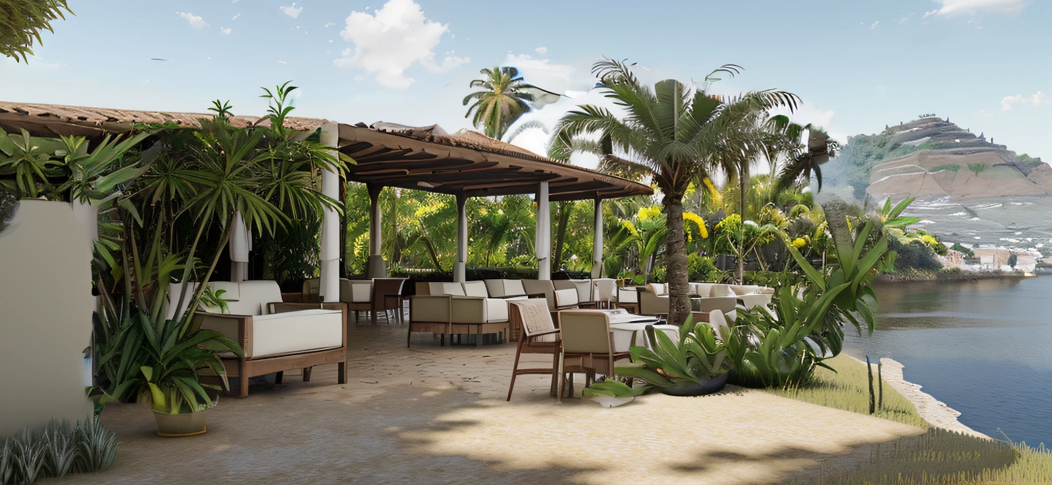 adicionar na parte debaixo: grama rasteira, Sicilian lemon trees, mesas e cadeiras de madeira e palha, na parte de cima: blue skies, com poucas nuvens. realista, architectural, render, 3d