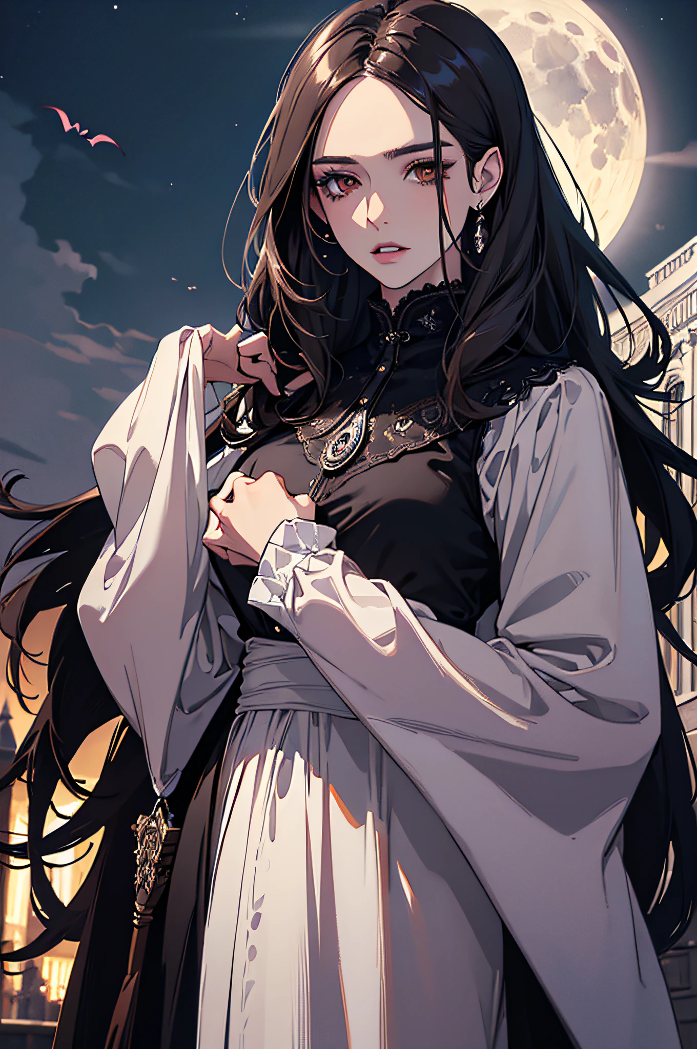 (absurd, Tall, ultra detailed), 1 woman, adult, beautiful, white girl, long dark hair, brown eyes, dark makeup, finely detailed eyes and detailed face, fantasy, Night, dark theme, luminous lighting, colorful, portrait , flying petal, cloudy sky, building, moon, light, dutch angle, cowboy shot, black clothes, dark theme, night, vampire
