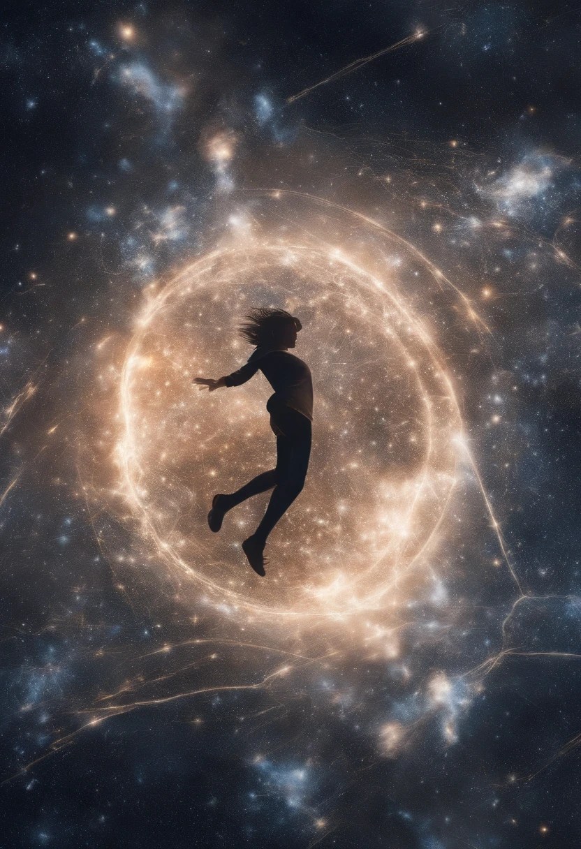 in the hovering celestial portrait, high quality, highly detailed, double exposure with the universe high quality, surrounded by an energetic hurricane. The night sky I looked up at from a pitch-black world felt like stars were falling, I don't know when I found myself chasing after you, I love both your smiling and angry faces, I didn't say it, I couldn't say it, that summer day sparkled, Stars, my secret that you don't know, sparkling energy, energetic currents, lightening, double exposure, high contrast