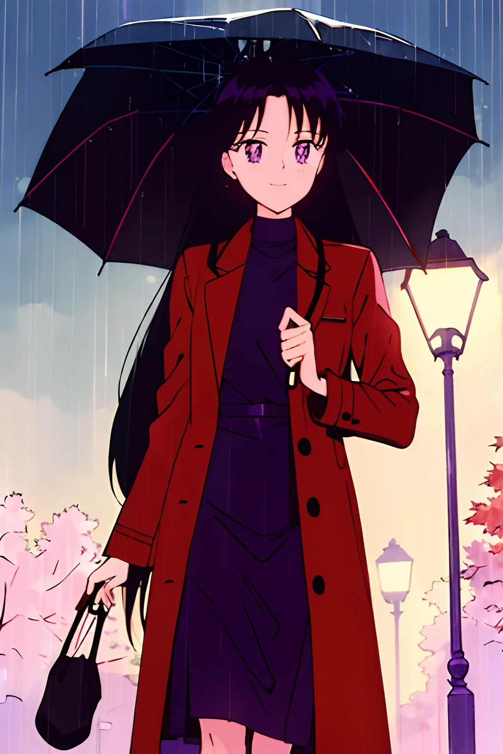 best quality, masterpiece, 1woman, black hair, long hair, purple eyes, light smile, red coat, umbrella, autumn, walking in the streets, ((raining)), ((night)), park, trees, dead leaves on the ground, street lamp