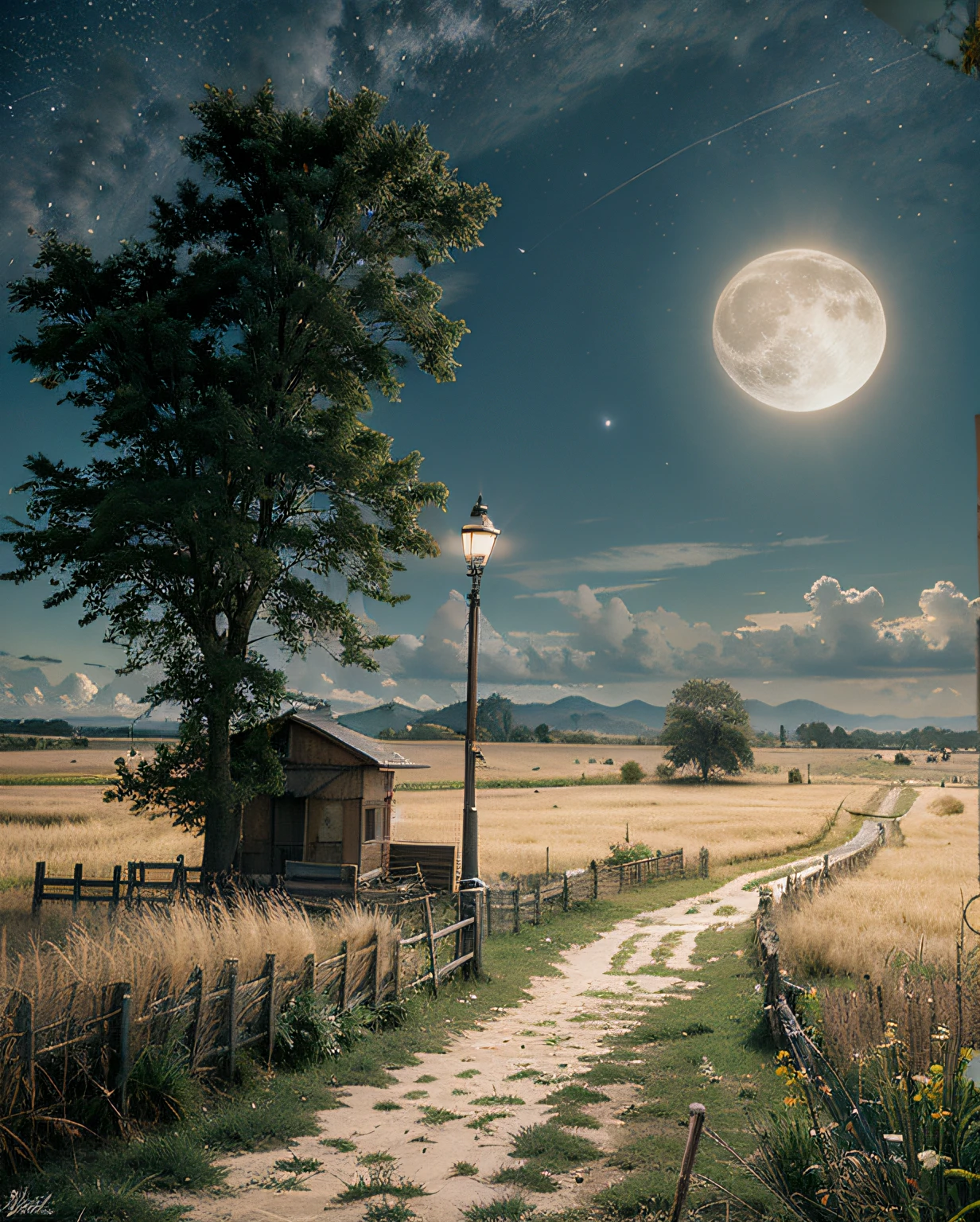 pintura de uma estrada rural com um celeiro e uma lua cheia, Noite de luar atmosfera sonhadora, bela noite de luar, Paisagem da lua da rua, paisagem campestre anime, lindo luar, at night with full moon, luz bonita da lua, at night with moon light, arte de fundo do anime, O brilho do luar, foto muito bonita, scenery artwork, arte de fundo, Night scenery