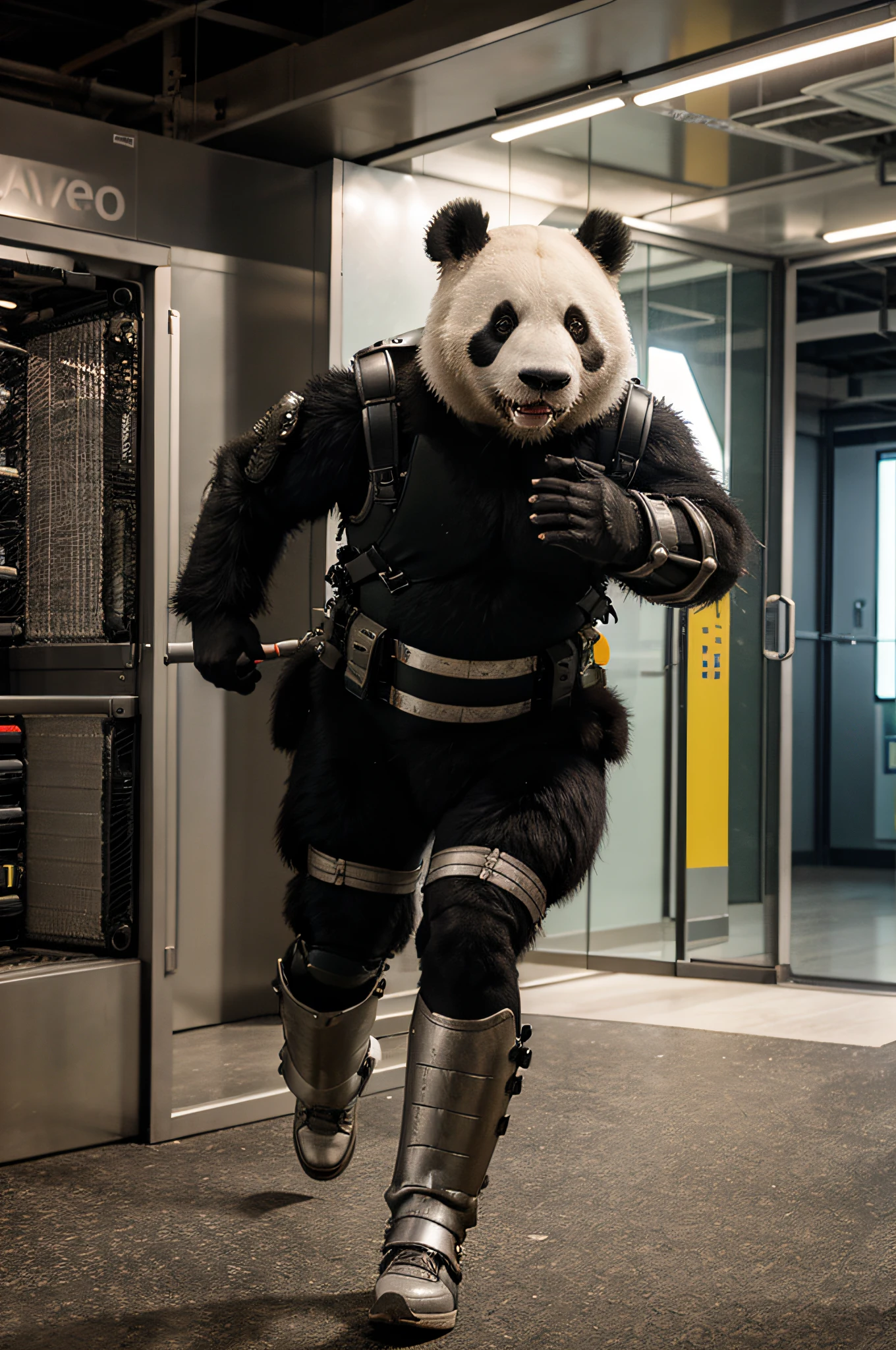 giant panda military armor running in starway to data center technology