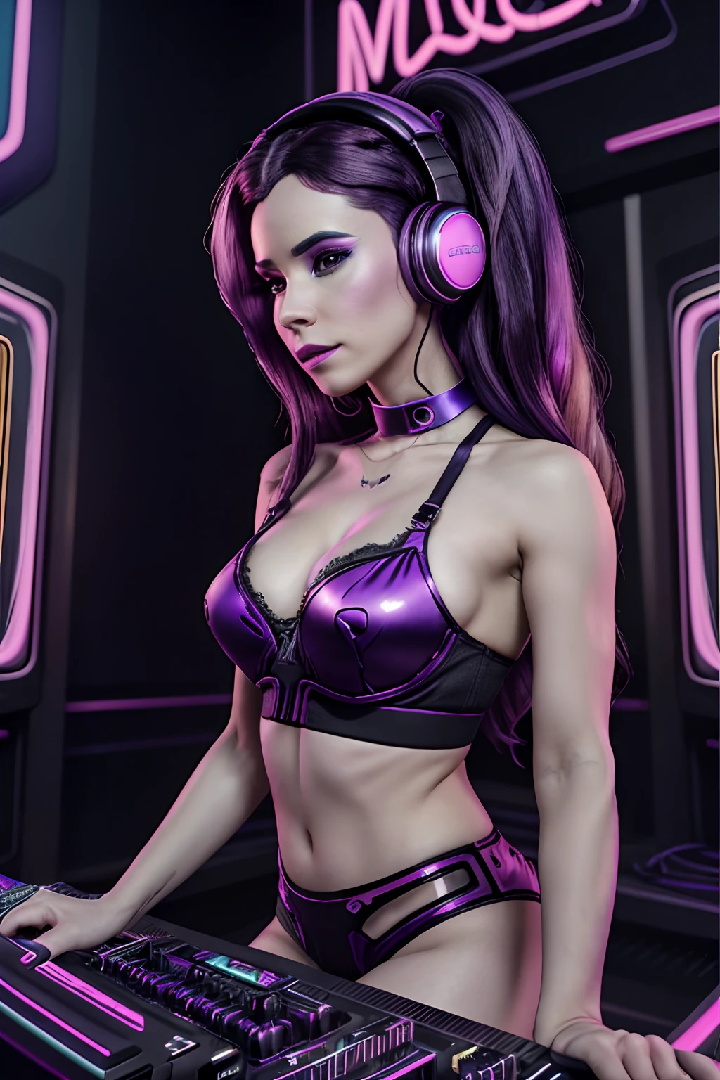 there is a woman in a black bra top and headphones playing a game, techno mystic goddess, belle delphine, twitch streamer, dark purple hair and cybernetics, ( ( ( synthwave ) ) ), inspired by Amanda Sage, synthwave style, fashwave, streaming on twitch, amouranth, still from a music video, profile picture 1024px