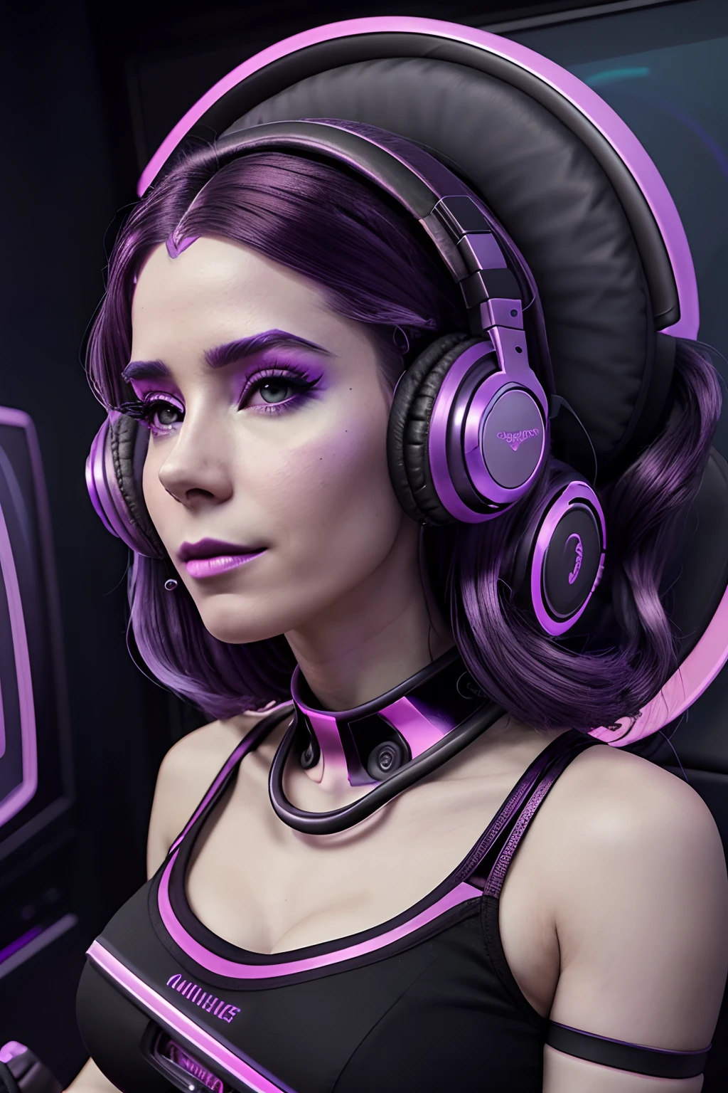 there is a woman, Jessica Alba, in a black bra top and headphones playing a game, techno mystic goddess, twitch streamer, dark purple hair and cybernetics, ( ( ( synthwave ) ) ), synthwave style, fashwave, streaming on twitch, still from a music video, profile picture 1024px