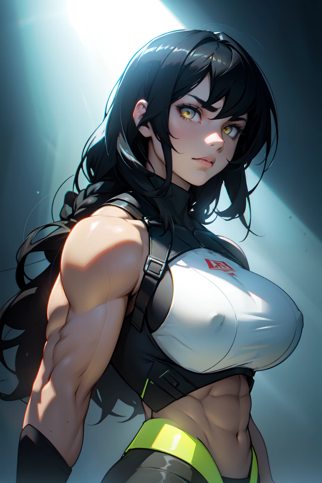 (muscular girl) huge breasts black hair yellow eyes pale skin chiaroscuro backlighting chromatic aberration god rays ray tracing