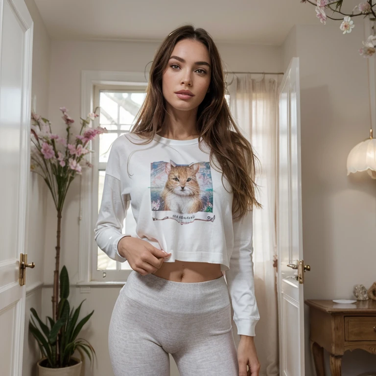 (Masterpiece), (Best quality), (Ultra detailded),(disheveled hair),(illustration), (1fille et son chat), debout, Fashion model, Regarder son chat, (interview), beautiful detailed eyes, beautiful delicate face, flottant,(high saturation),(colorful splashes),colorful bubble,(brillant), Focus sur le visage, Queue, frange, bague de cheveux, fleurs flottantes, (brillant), best lighting, meilleure ombre, Megan Fox, porte son chat Main Coon blanc dans les bras et le regarde, habiller en legging et long tee-shirt