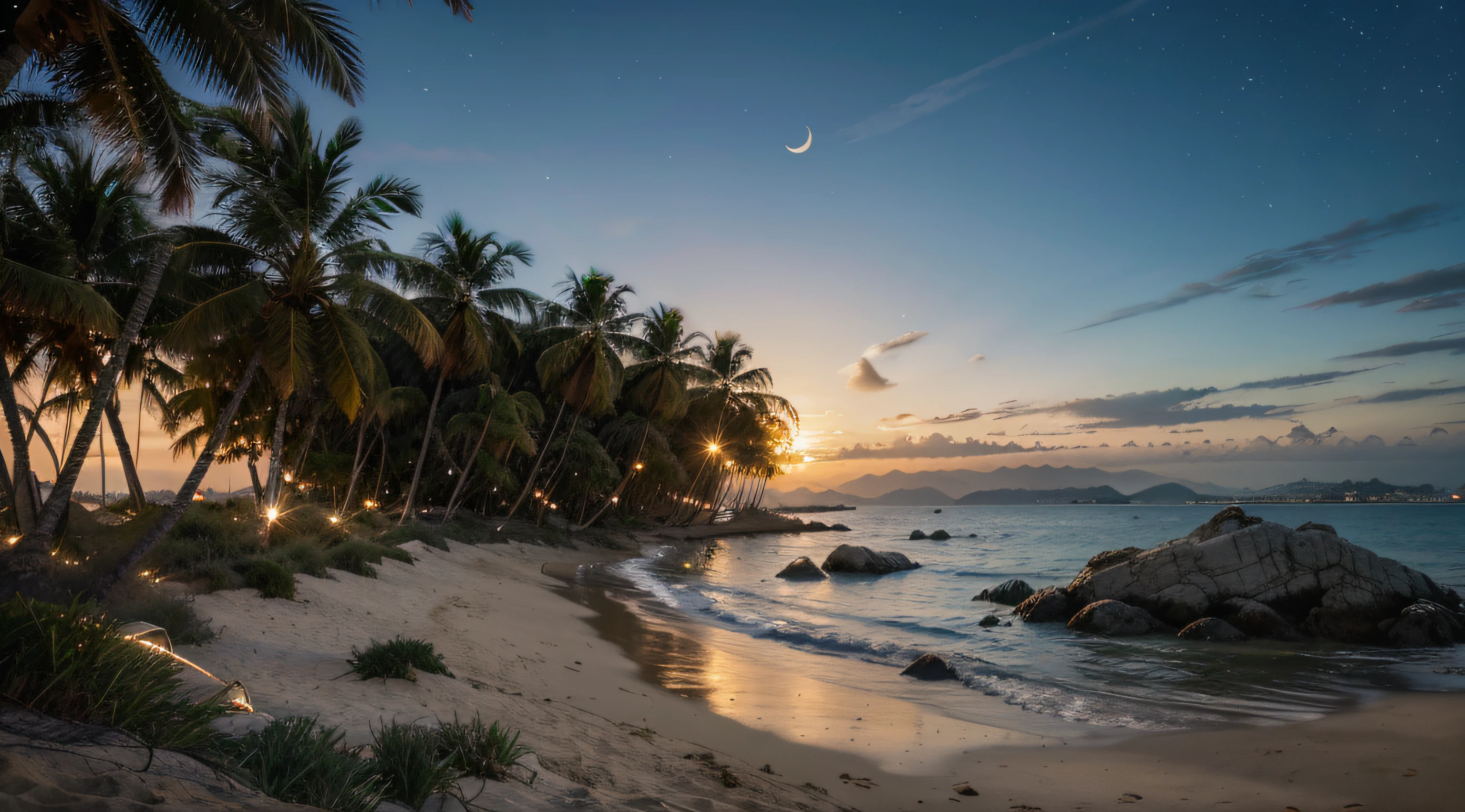 best quality,4k,8k,highres,masterpiece:1.2,ultra-detailed,realistic:1.37,landscape,colorful sunset,gentle breeze,warm golden light,tranquil atmosphere,palm trees sway,silhouettes of mountains,rippling water reflections,twinkling stars emerge,serene beach,soft sand tickling your toes,crescent moon illuminates the sky