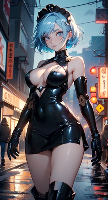 reelmech,cyborg girl,(cyborg girl:1.5),
maid android,(((1girl))),((anime mechanical robot girl with extremely cute and beautiful pale blue hair hair walking seductively down the street)),

(large breasts:1.4),saggy breasts,(((pale blue bob hair:1.35,colored inner hair,short hair,ear breathing))),(((doll))) ,((((pale blue eyes,pale white skin,doll joints,mechanical hands,silver armored dress,tesla coils,maid mechanical doll,Body of a machine,metallic skin,ball joint,no facial features,data in the eyes,cyborg, robotic parts, cable electric wires, microchip , elegant, robot)))),((blue eyes:1.3,upturned eyes:1.3,perfect eyes,beautiful detailed eyes,gradient eyes:1,finely detailed beautiful eyes:1,symmetrical eyes:1,big highlight on eyes:1.2)),((fat)),(((lustrous skin:1.5,bright skin: 1.5,skin tanned,shiny skin,very shiny skin,shiny body,plastic glitter skin,exaggerated shiny skin))),(spider lower abdomen,narrow waist,wide hip,detailed body,(detailed face)),(Mechanical joints: 1.4),(Mechanical limbs),

cute,slutty,seductive,erotic,(((nsfw))),

(maid headdress),bare_shoulders,delicate metal decorations,Headdress,(maid),sleeveless,miniskirt,boots,cleavage_cutout,bare_legs,(detailed outfit,detailed clothes),

(dynamic pose:1.0),solo focus,embarrassed,centered,scale to fit dimensions,Rule of thirds,

outdoors,((night view)),(very pretty city neon synthwave,cyberpunk night street Background:1.5,dark sky,thick clouds),future vehicles,((neon lights)),thick clouds,(cyberpunk style,neon lights, (synthwave theme background), lonely street),(((detailed background:1.25))),

(best quality),(high resolution),(sharp focus),(ultra detailed),(extremely detailed),(extremely high quality artwork),8k_wallpaper,(extremely detailed CG 8k),(very fine 8K CG),((hyper super ultra detailed perfect piece)),flawless,(((masterpiece))),illustration,vibrant colors,(intricate),High contrast,Selective lighting,Double exposure,HDR (High Dynamic Range),Post-processing,Background blur,