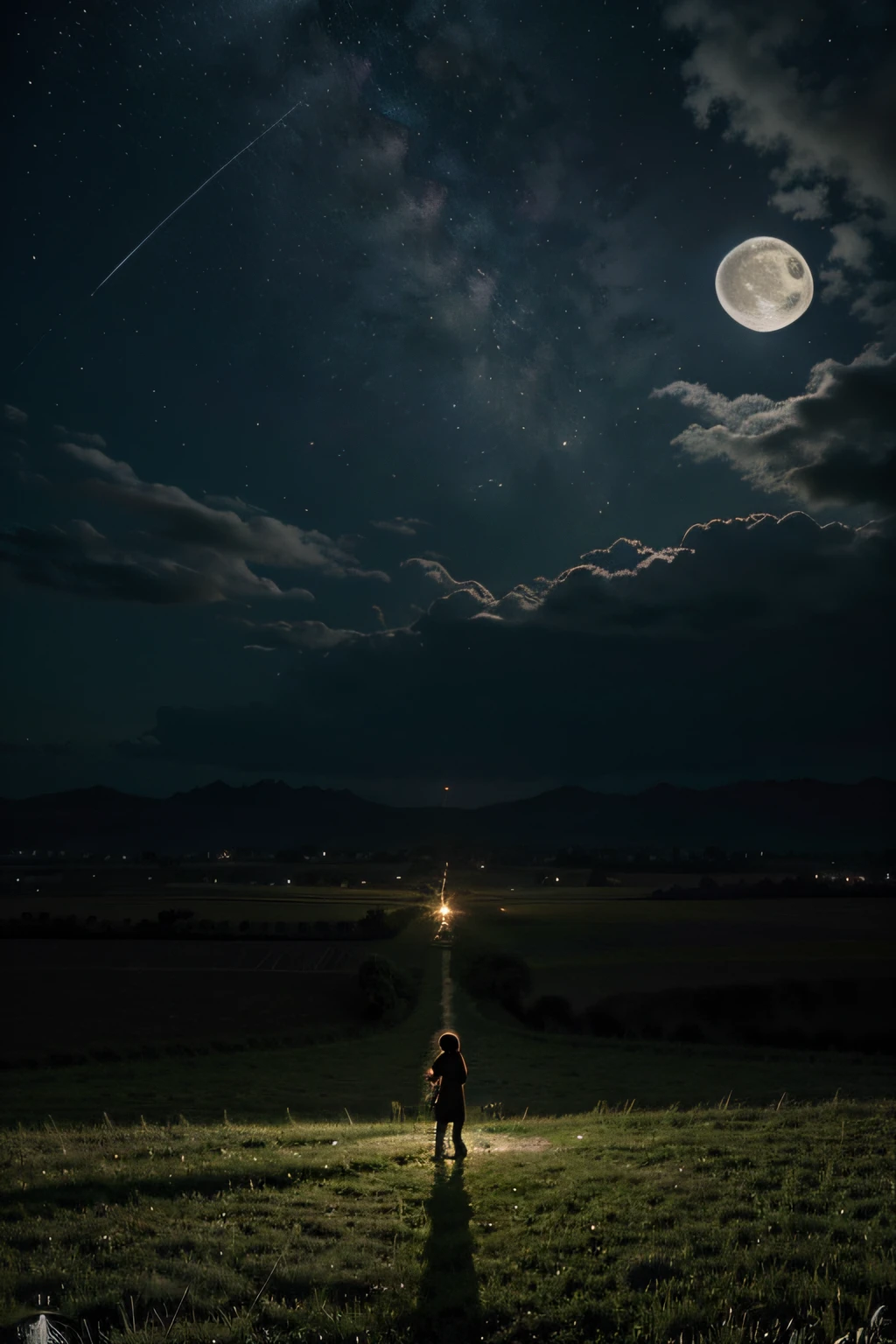 intura de uma estrada rural com um celeiro e uma lua cheia, Noite de luar atmosfera sonhadora, bela noite de luar, Paisagem da lua da rua, paisagem campestre anime, lindo luar, at night with full moon, luz bonita da lua, at night with moon light, arte de fundo do anime, O brilho do luar, foto muito bonita, scenery artwork, arte de fundo, Night scenery