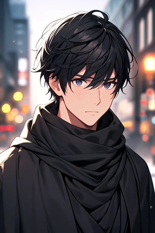 A black hair and black outfit,Man with black scarf and black hoodie and black and white background, (1girll:0.872), (Black hair:0.758), (Blurry:0.926), (The background is blurred out:0.703), (Brown eyes:0.562), (Depth of field:0.625), (Long hair:0.855), (Outdoors:0.541), (Scarf:0.989), (Snow:0.925), (Solo:0.886), (Upper body:0.683)