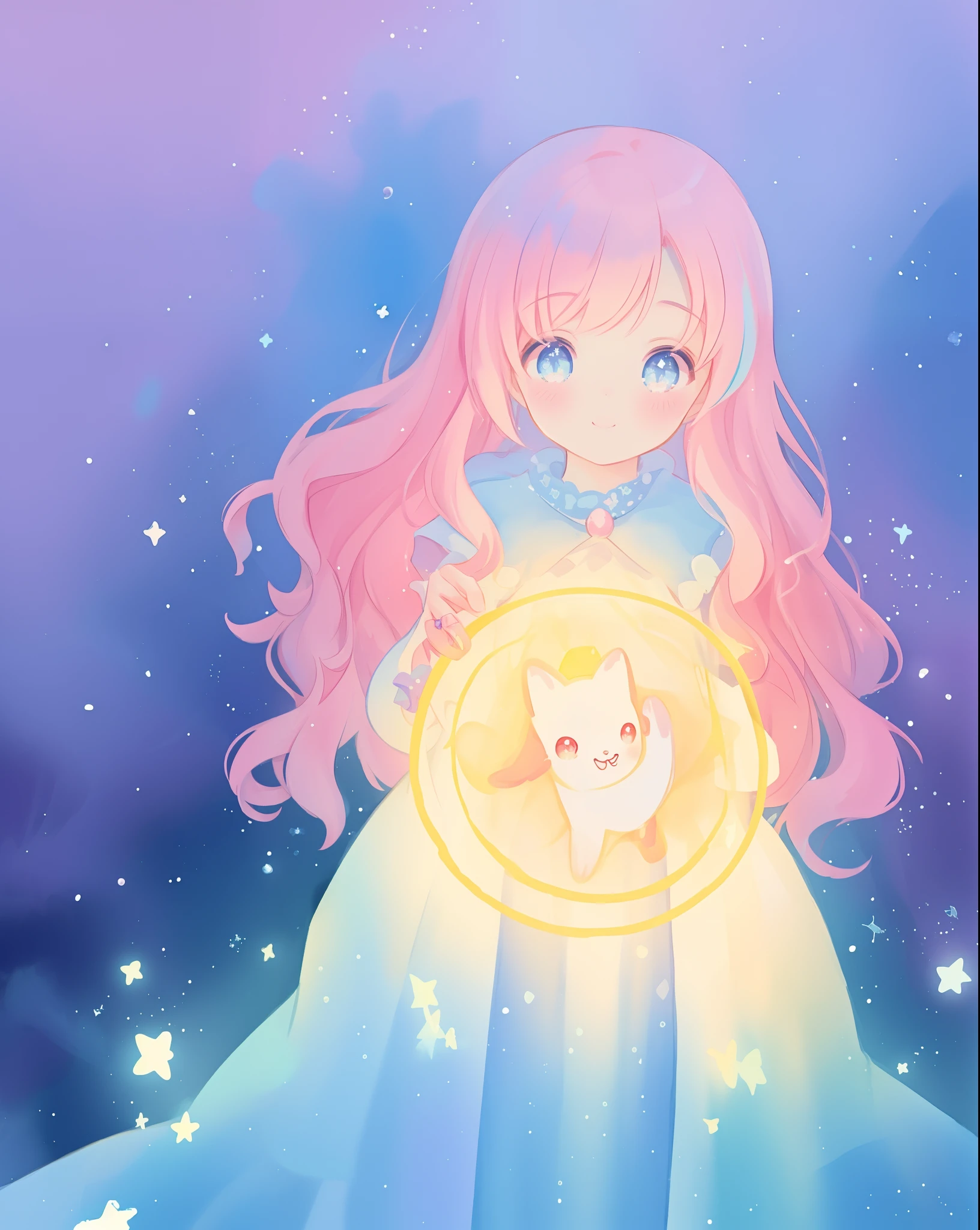 beautiful girl in sparkling gradient ballgown, long wavy peach pink hair, vibrant pastel colors, (colorful), colorful watercolor background, ethereal, magical lights, sparkling liquid light, inspired by Glen Keane, inspired by Lois van Baarle, disney art style, by Lois van Baarle, glowing aura around her, by Glen Keane, jen bartel, glowing lights! digital painting, flowing glowing hair, glowing flowing hair, beautiful digital illustration, fantasia background, whimsical, magical, fantasy, beautiful face, ((masterpiece, best quality)), intricate details, highly detailed, sharp focus, 8k resolution, sparkling detailed eyes, liquid watercolor