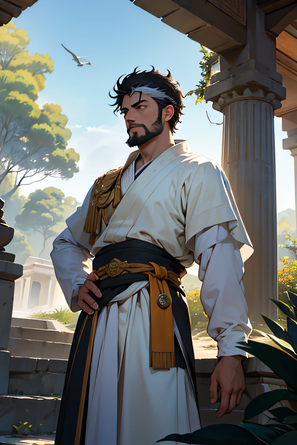 "Marcus Aurelius the Roman emperor who dominated half the world and the most famous Stoic.", un emperador romano de mirada firme y postura imponente. The scene takes place in a quiet garden, where ancient trees and delicate jasmine perfume the air. El sol se pone lentamente, pintando el cielo con tonos dorados y naranjas. The atmosphere is imbued with a deep calm, como si el tiempo se hubiera detenido. The silence is only broken by the whisper of the wind and the chirping of birds in the branches.. . Marco Aurelio, vestido con su toga imperial, irradia un aura de poder y liderazgo. La pintura se realiza en acuarelas, con trazos suaves y delicados. Colors blend in harmony, reflejando la serenidad del momento. The artists who could collaborate in this work are Zhang Daqian, conocido por sus paisajes naturales, y Caravaggio, famous for his dramatic use of light and shadow.