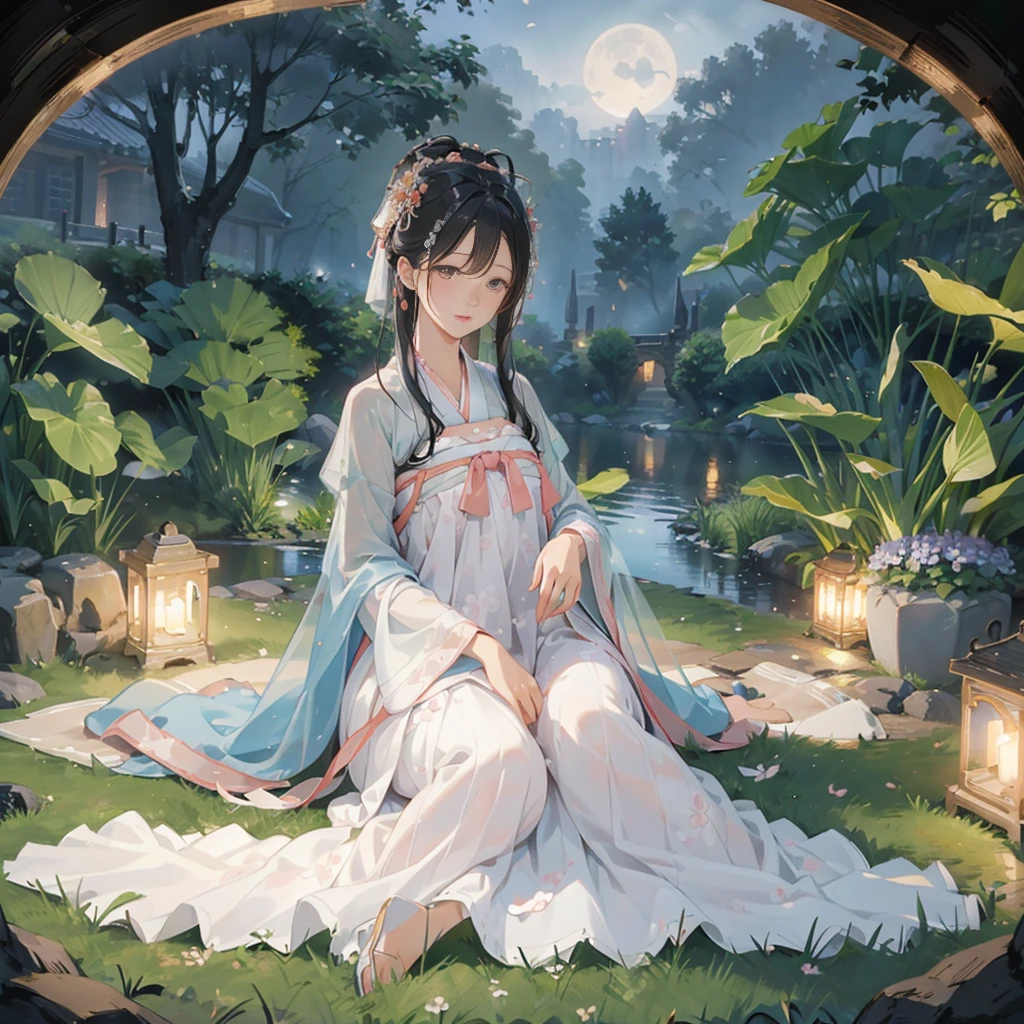 (Best quality,A high resolution,Clear image:1.2),Ultra-detailed background,Beautiful woman,Korean traditional hanbok,Delicate petals,Garden scene,Under the moonlight,Romantic atmosphere,Dutch Angle Shot,Soft lighting,shelmet