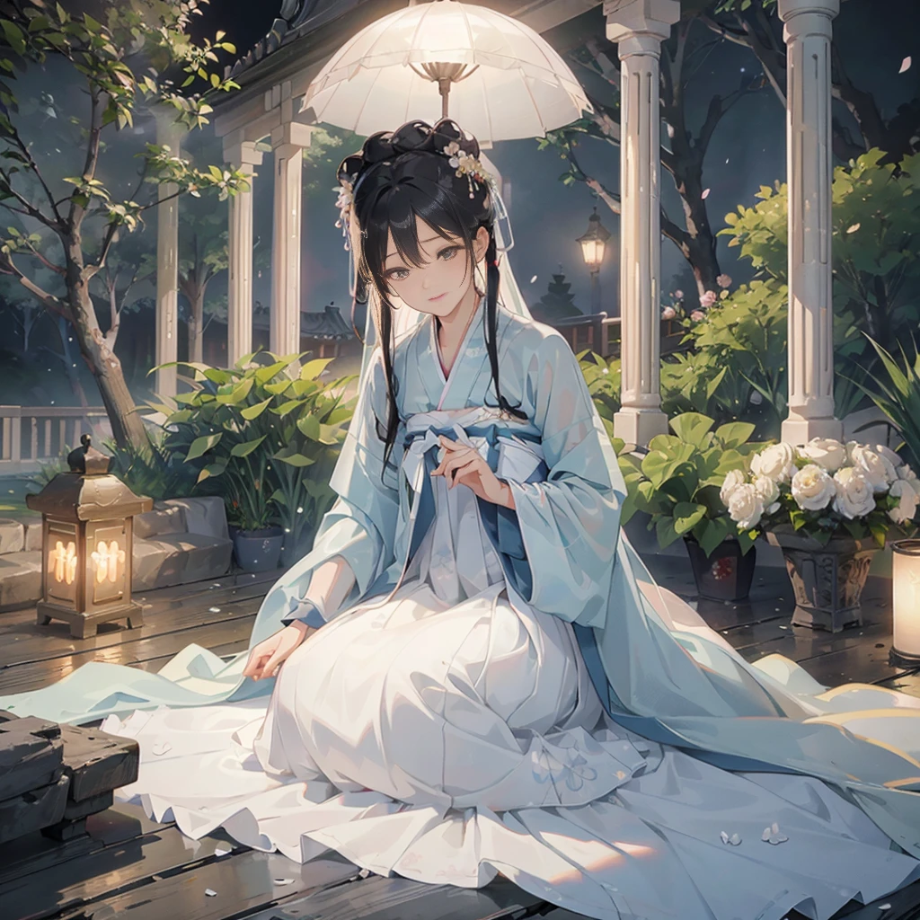 (Best quality,A high resolution,Clear image:1.2),Ultra-detailed background,Beautiful woman,Korean traditional hanbok,Delicate petals,Garden scene,Under the moonlight,Romantic atmosphere,Dutch Angle Shot,Soft lighting,shelmet