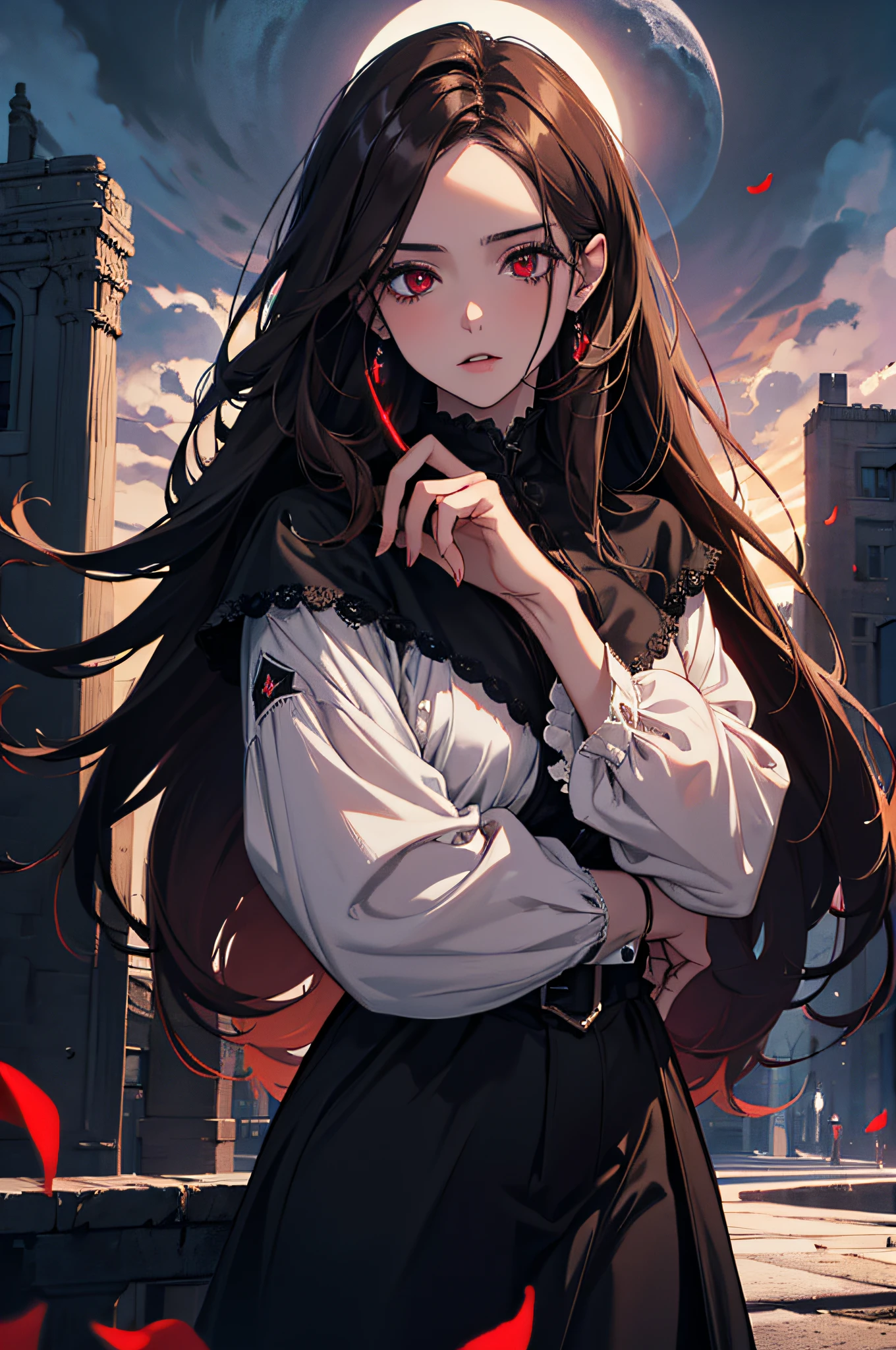 (absurdres, highres, ultra detailed), 1 woman, adult, beautiful, white girl, long brown hair, red eyes, dark makeup, finely detailed eyes and detailed face, fantasy, night, dark theme, cinematic lighting, colorful, portrait , flying petal, cloudy sky, building, moon, light, dutch angle, cowboy shot, black clothes, dark theme, night, vampire, dark nigth,
detailed eyes, dark lighting