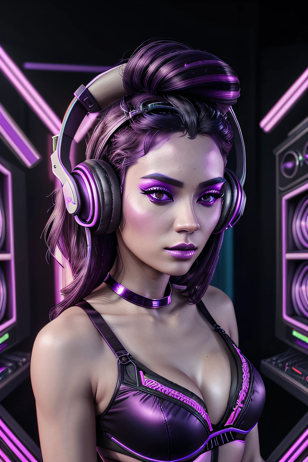 there is a woman, Hanawins,  in a black bra top and headphones playing a game, techno mystic goddess, twitch streamer, dark purple hair and cybernetics, ( ( ( synthwave ) ) ),  synthwave style, fashwave, streaming on twitch, still from a music video, profile picture 1024px