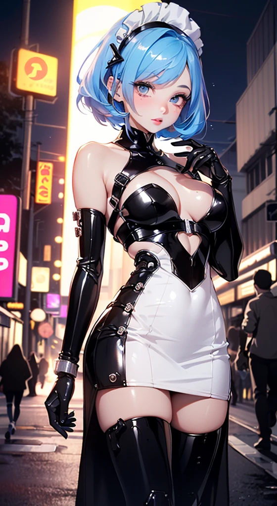 reelmech,cyborg girl,(cyborg girl:1.5),
maid android,(((1girl))),((anime mechanical robot girl with extremely cute and beautiful pale blue hair hair walking seductively down the street)),
(large breasts:1.4),saggy breasts,(((pale blue bob hair:1.35,colored inner hair,short hair,ear breathing))),(((doll))) ,((((pale blue eyes,pale white skin,doll joints,mechanical hands,silver armored dress,tesla coils,maid mechanical doll,Body of a machine,metallic skin,ball joint,no facial features,data in the eyes,cyborg, robotic parts, cable electric wires, microchip , elegant, robot)))),((blue eyes:1.3,upturned eyes:1.3,perfect eyes,beautiful detailed eyes,gradient eyes:1,finely detailed beautiful eyes:1,symmetrical eyes:1,big highlight on eyes:1.2)),((fat)),(((lustrous skin:1.5,bright skin: 1.5,skin tanned,shiny skin,very shiny skin,shiny body,plastic glitter skin,exaggerated shiny skin))),(spider lower abdomen,narrow waist,wide hip,detailed body,(detailed face)),(Mechanical joints: 1.4),(Mechanical limbs),
cute,slutty,seductive,erotic,(((nsfw))),
(maid headdress),bare_shoulders,delicate metal decorations,Headdress,(maid),sleeveless,miniskirt,boots,cleavage_cutout,bare_legs,(detailed outfit,detailed clothes),
(dynamic pose:1.0),solo focus,embarrassed,centered,scale to fit dimensions,Rule of thirds,
outdoors,((night view)),(very pretty city neon synthwave,cyberpunk night street Background:1.5,dark sky,thick clouds),future vehicles,((neon lights)),thick clouds,(cyberpunk style,neon lights, (synthwave theme background), lonely street),(((detailed background:1.25))),
(best quality),(high resolution),(sharp focus),(ultra detailed),(extremely detailed),(extremely high quality artwork),8k_wallpaper,(extremely detailed CG 8k),(very fine 8K CG),((hyper super ultra detailed perfect piece)),flawless,(((masterpiece))),illustration,vibrant colors,(intricate),High contrast,Selective lighting,Double exposure,HDR (High Dynamic Range),Post-processing,Background blur,