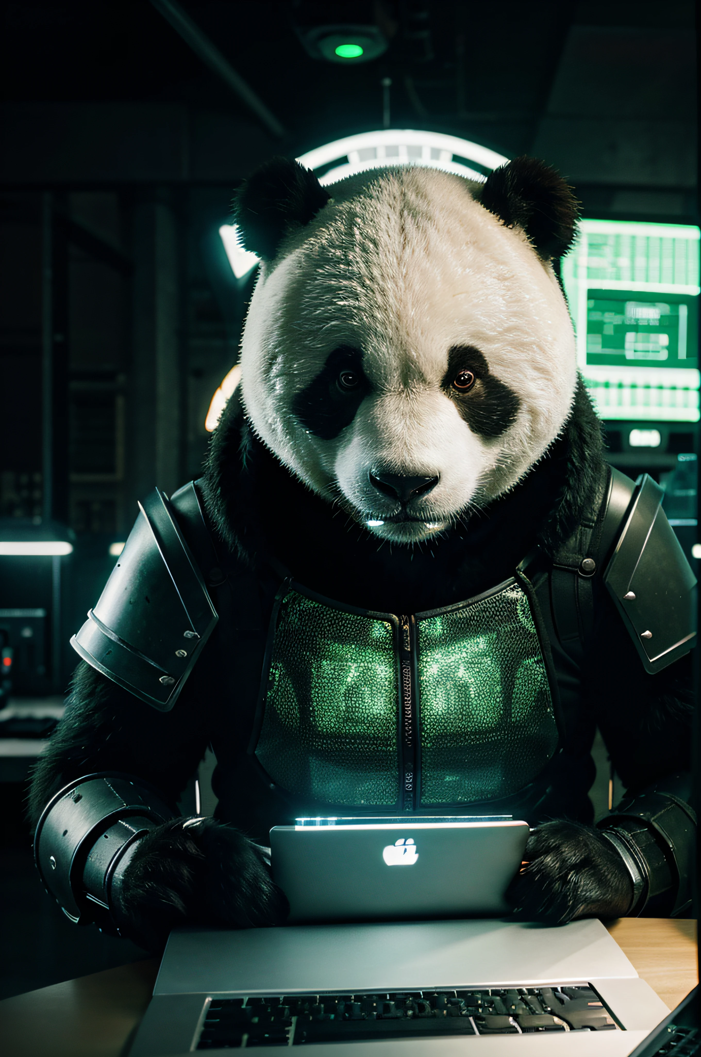 giant panda, military armor, hacking data center technology, using laptop, connect with network cable, motherboard circuit chip, green light