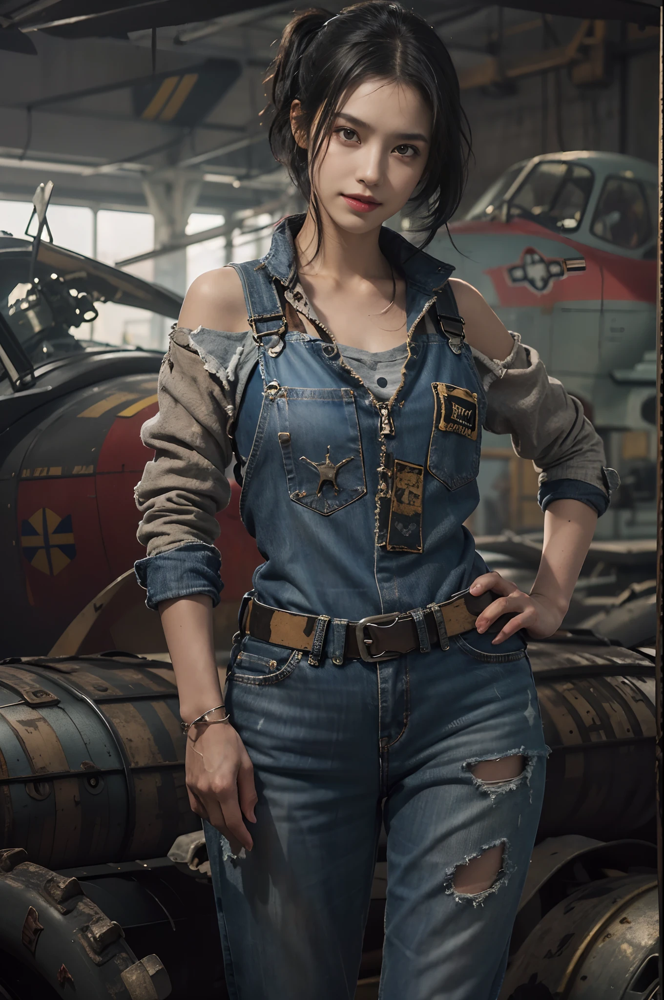 ((best quality)), ((masterpiece)), (detailed),a girl,solo,small head,small face,slim,thin,mesmerizing and alluring female mechanic covered in grease,Confident smile
, (Dirty and rugged charm:1.2), (tough and confident demeanor:1.1), (mechanical expertise:1.3),((disheveled shoulder-length straight black bob hair)),((short pony tail)),smudged face with a playful smirk, stained overalls clinging to her curves, (gritty tools of the trade:1.2), cluttered repair shop, scattered fighter plane parts, (authentic fighter plane ambiance:1.2), (intense gaze:1.1), gripping a wrench in her dirty hands, 8k resolution,looking at another, looking away,masterpiece, best quality,Photorealistic, ultra-high resolution, photographic light