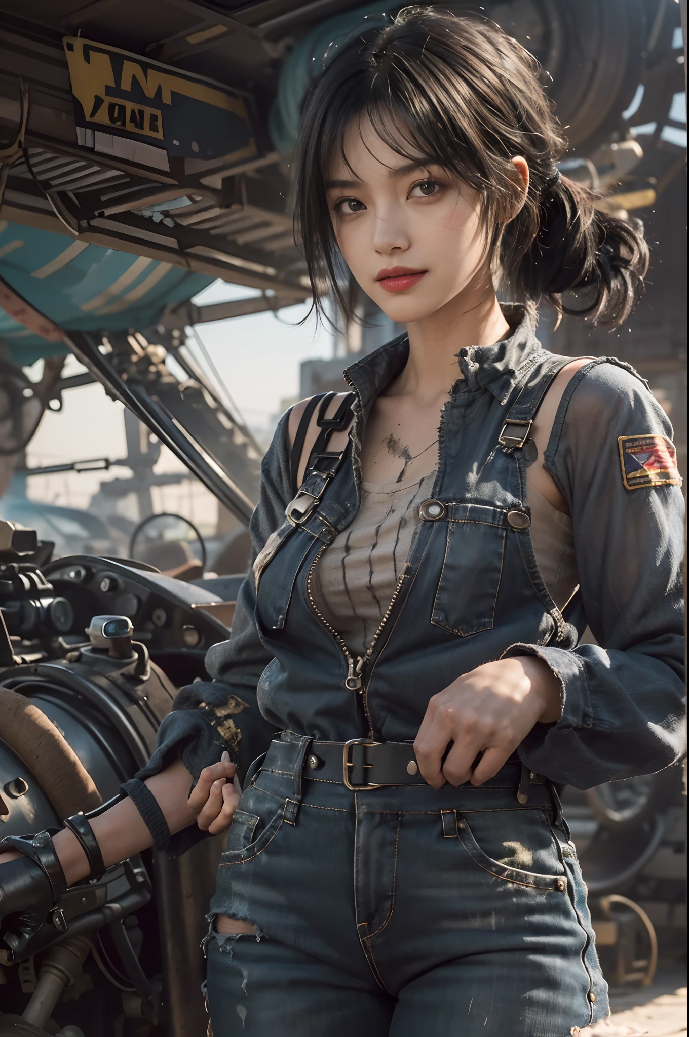 ((best quality)), ((masterpiece)), (detailed),a girl,solo,small head,small face,slim,thin,mesmerizing and alluring female mechanic covered in grease,Confident smile
, (Dirty and rugged charm:1.2), (tough and confident demeanor:1.1), (mechanical expertise:1.3),((disheveled shoulder-length straight black bob hair)),((short pony tail)),smudged face with a playful smirk, stained overalls clinging to her curves, (gritty tools of the trade:1.2), cluttered repair shop, scattered fighter plane parts, (authentic fighter plane ambiance:1.2), (intense gaze:1.1), gripping a wrench in her dirty hands, 8k resolution,looking at another, looking away,masterpiece, best quality,Photorealistic, ultra-high resolution, photographic light