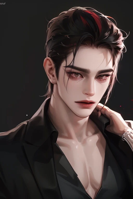 photography of a sexy man, a solo man, (((man))), ((masculine face)), 25 years old, vampire, bad boy, handsome, realistic, (red eyes), expressive look, black hair, long bangs, rose pale lips, (((dark background))), (((city backgtound))), shine hair, angular jaw, square face,broad shoulders, tall, muscular, strong, shaven, black suit, black shirt, super detailed face, perfect body, perfect shapes, realistic image, award winning photography, 8k, (((perfect shiny eyes)))