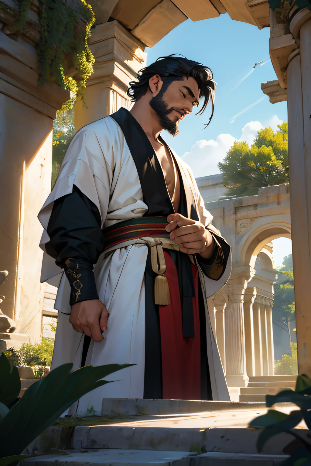 "The philosopher and a martial art master Leizi and his teaching focused on the idea that true wisdom is found in the observation of nature and in the practice of meditation., debate with Marcus Aurelius the Roman emperor who dominated half the world and the most famous Stoic." —c 10 —ar 2:3 Un sabio oriental, Leizi, de aspecto sereno y ojos penetrantes, se encuentra frente a frente con Marco Aurelio, un emperador romano de mirada firme y postura imponente. The scene takes place in a quiet garden, where ancient trees and delicate jasmine perfume the air. El sol se pone lentamente, pintando el cielo con tonos dorados y naranjas. The atmosphere is imbued with a deep calm, como si el tiempo se hubiera detenido. The silence is only broken by the whisper of the wind and the chirping of birds in the branches.. The atmosphere is one of mutual respect and intellectual curiosity. Both characters look at each other attentively, Ready for a momentous philosophical debate. Leizi, with his simple robe and white beard, conveys a sense of ancient wisdom. Marco Aurelio, vestido con su toga imperial, irradia un aura de poder y liderazgo. La pintura se realiza en acuarelas, con trazos suaves y delicados. Colors blend in harmony, reflejando la serenidad del momento. The artists who could collaborate in this work are Zhang Daqian, conocido por sus paisajes naturales, y Caravaggio, famous for his dramatic use of light and shadow.