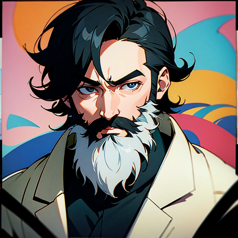 Man in thirties. Lab coat. Short black hair. Scruffy beard. 2d. Anime style. Drawing. Color.