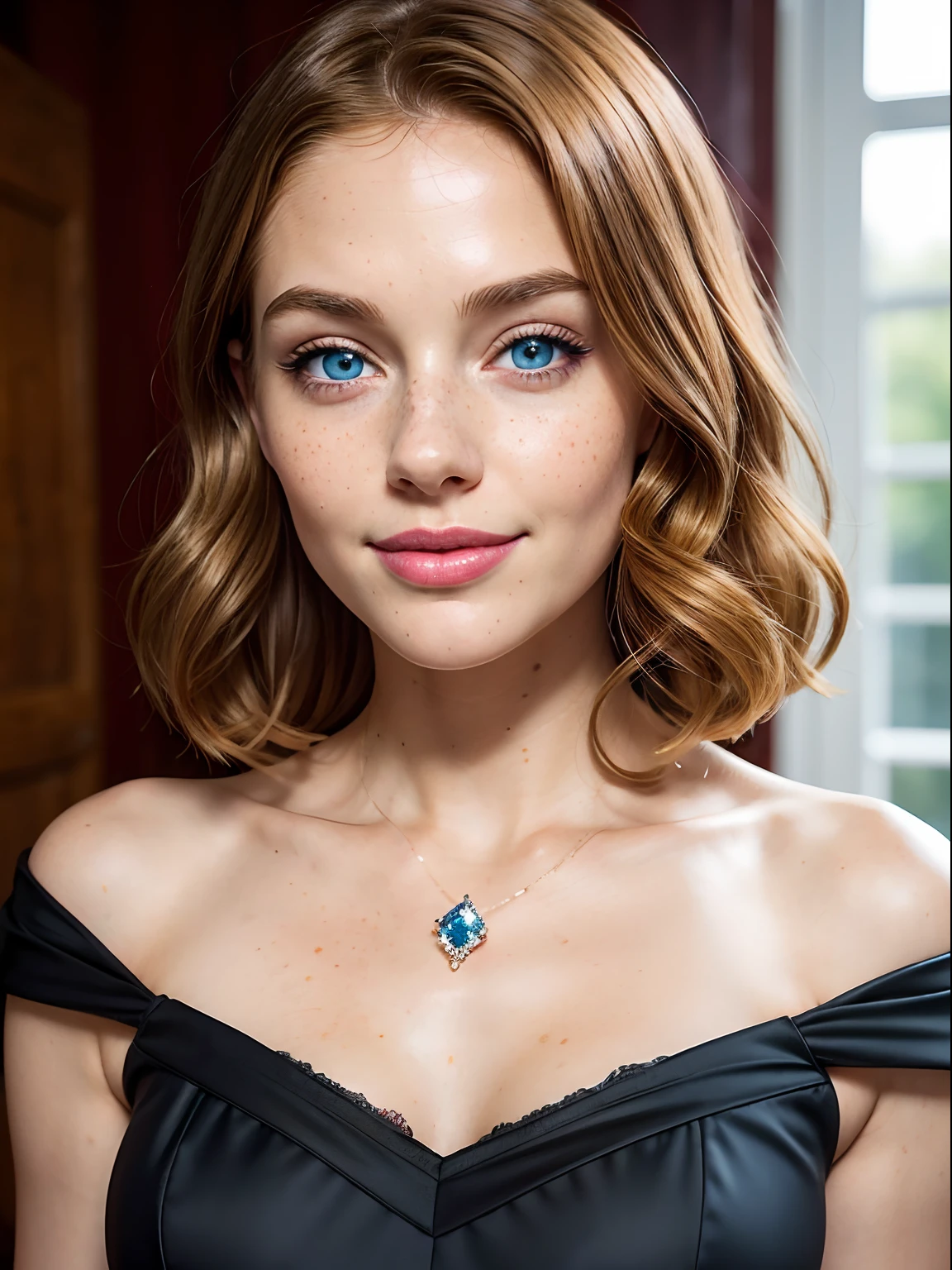 (Masterpiece), (best quality), (realistic), (Beautiful+(feminine)+((lovely))+((cute))), (round face), short straight hair, dark ginger hair, (crystal blue eyes), beautiful eyes, almond eyes, happy eyes, (young), freckles, (cheek dimples), (shy expression), (small nose), 155cm, smiling, red lips, wearing a beautiful black dress, looking_at_viewer