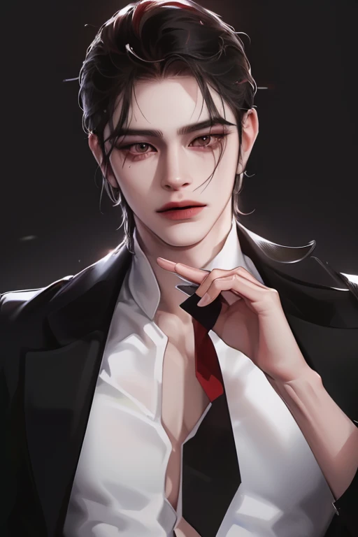 photography of a sexy man, a solo man, (((man))), ((masculine face)), (manly), 25 years old, vampire, handsome, realistic, (red eyes), expressive look, black hair, long bangs, rose pale lips, (((dark background))), (((city backgtound))), shine hair, angular jaw, square shaped face, broad shoulders, tall, muscular torso, strong arms, shaven, black suit, black shirt, super detailed face, perfect body, perfect shapes, realistic image, award winning photography, 8k, (((perfect shiny eyes)))