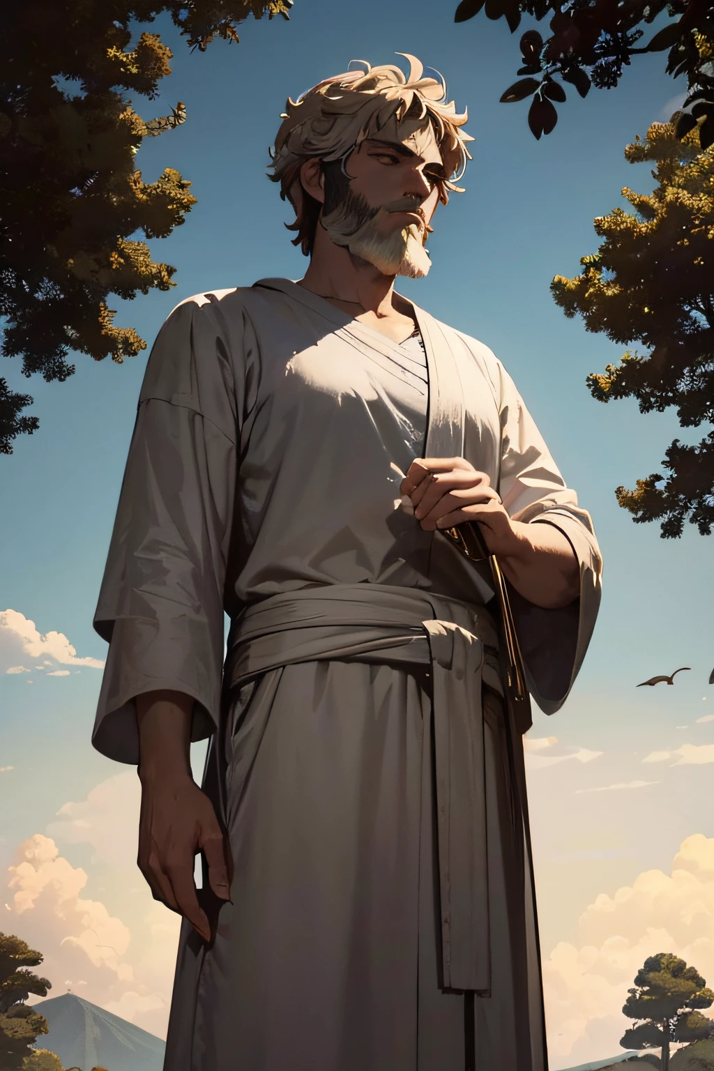 "The philosopher and a martial art master Leizi and his teaching focused on the idea that true wisdom is found in the observation of nature and in the practice of meditation., debate with Marcus Aurelius the Roman emperor who dominated half the world and the most famous Stoic." —c 10 —ar 2:3 Un sabio oriental, Leizi, de aspecto sereno y ojos penetrantes, se encuentra frente a frente con Marco Aurelio, un emperador romano de mirada firme y postura imponente. The scene takes place in a quiet garden, where ancient trees and delicate jasmine perfume the air. El sol se pone lentamente, pintando el cielo con tonos dorados y naranjas. The atmosphere is imbued with a deep calm, como si el tiempo se hubiera detenido. The silence is only broken by the whisper of the wind and the chirping of birds in the branches.. The atmosphere is one of mutual respect and intellectual curiosity. Both characters look at each other attentively, Ready for a momentous philosophical debate. Leizi, with his simple robe and white beard, conveys a sense of ancient wisdom. Marco Aurelio, vestido con su toga imperial, irradia un aura de poder y liderazgo. La pintura se realiza en acuarelas, con trazos suaves y delicados. Colors blend in harmony, reflejando la serenidad del momento. The artists who could collaborate in this work are Zhang Daqian, conocido por sus paisajes naturales, y Caravaggio, famous for his dramatic use of light and shadow.