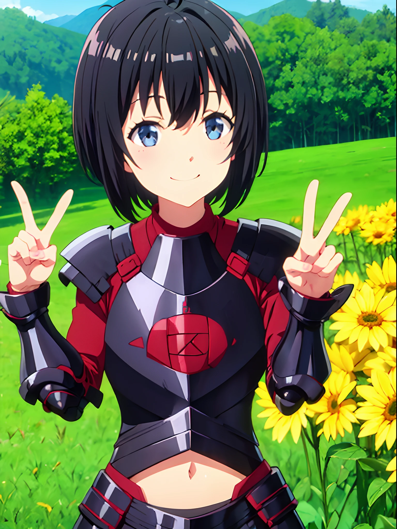 An ultra-high picture quality、[[3D images:1.25]]、(top-quality:1.2), meadow background、meipuru、Solo, Maple、Solo, Smiling and serious,illustratio,full-body view,best pictures,上半身_Body, Ahoge, Midriff, armor, bobhair_cut, Black and red to the shoulders_armor, Hair close to black,Black breastplate、A cute girl no matter who looks、Cute peace sign、