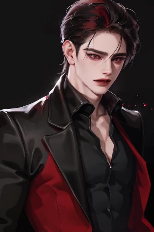 photography of a sexy man, a solo man, (((man))), ((masculine face)), 25 years old, vampire, bad boy, handsome, realistic, (red eyes), expressive look, black hair, long bangs, rose pale lips, (((dark background))), (((city backgtound))), shine hair, angular jaw, broad shoulders, tall, muscular, strong, shaven, black suit, black shirt, super detailed face, perfect body, perfect shapes, realistic image, award winning photography, 8k, (((perfect shiny eyes)))