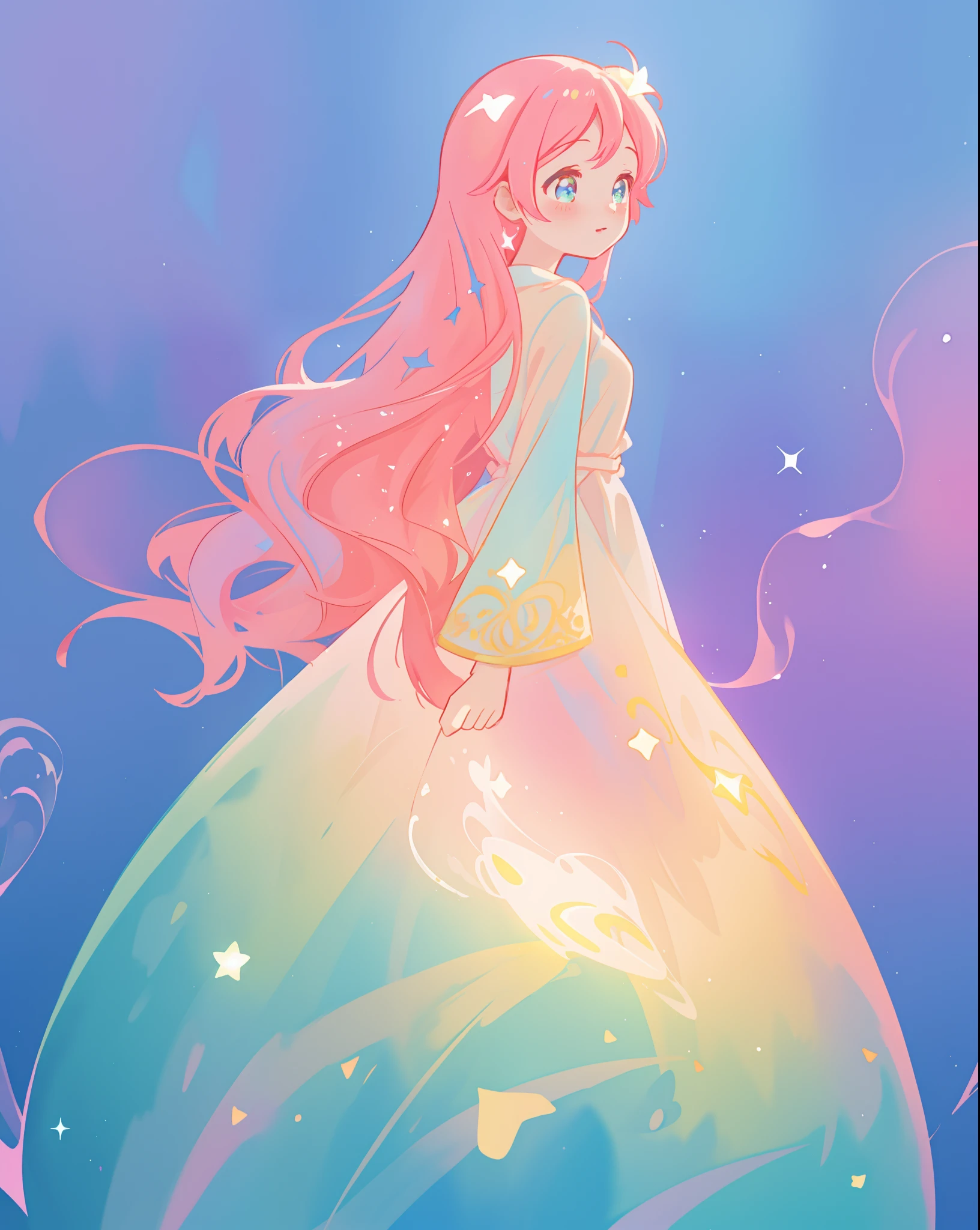 beautiful girl in sparkling gradient ballgown, long wavy peach pink hair, vibrant pastel colors, (colorful), colorful watercolor background, ethereal, magical lights, sparkling liquid light, inspired by Glen Keane, inspired by Lois van Baarle, disney art style, by Lois van Baarle, glowing aura around her, by Glen Keane, jen bartel, glowing lights! digital painting, flowing glowing hair, glowing flowing hair, beautiful digital illustration, fantasia background, whimsical, magical, fantasy, beautiful face, ((masterpiece, best quality)), intricate details, highly detailed, sharp focus, 8k resolution, sparkling detailed eyes, liquid watercolor