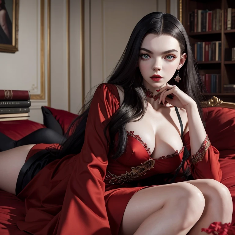 Pale woman in red dress lying on red bed with books, fada do livro adulto bonita, Retrato de Kim Petras, ava max, fotografia de moda fine art, perfeita de cabelos pretos, Conto de fadas da Bela Adormecida, Fotografia de moda editorial, 4K fotografia de glamour, Anya Taylor - Rainha a Vampira da Alegria, fotografia de alta moda, meninaabelo preto, photoshoot de moda high-end