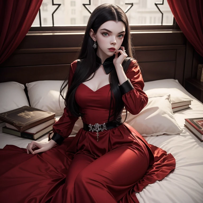 Pale woman in red dress lying on red bed with books, fada do livro adulto bonita, Retrato de Kim Petras, ava max, fotografia de moda fine art, menina perfeita de cabelos pretos, Conto de fadas da Bela Adormecida, Fotografia de moda editorial, 4K fotografia de glamour, Anya Taylor - Rainha a Vampira da Alegria, fotografia de alta moda, menina com cabelo preto, photoshoot de moda high-end