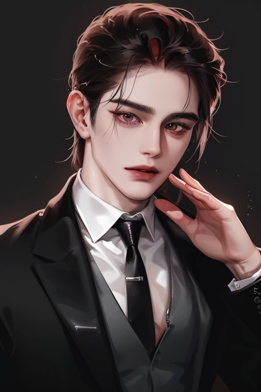 photography of a sexy man, a solo man, (((man))), ((masculine face)), (manly), 25 years old, vampire, handsome, realistic, (red eyes), expressive look, black hair, long bangs, rose pale lips, (((dark background))), (((city backgtound))), shine hair, angular jaw, square shaped face, broad shoulders, tall, muscular torso, strong arms, shaven, black suit, black shirt, super detailed face, perfect body, perfect shapes, realistic image, award winning photography, 8k, (((perfect shiny eyes)))