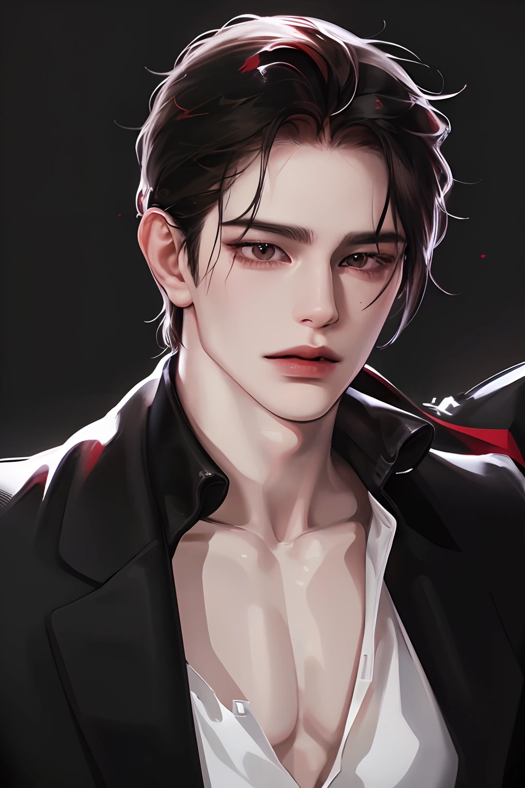 photography of a sexy man, a solo man, (((man))), ((masculine face)), 25 years old, vampire, bad boy, handsome, realistic, (red eyes), expressive look, black hair, long bangs, rose pale lips, (((dark background))), (((city backgtound))), shine hair, angular jaw, broad shoulders, tall, muscular, strong, shaven, black suit, black shirt, super detailed face, perfect body, perfect shapes, realistic image, award winning photography, 8k, (((perfect shiny eyes)))