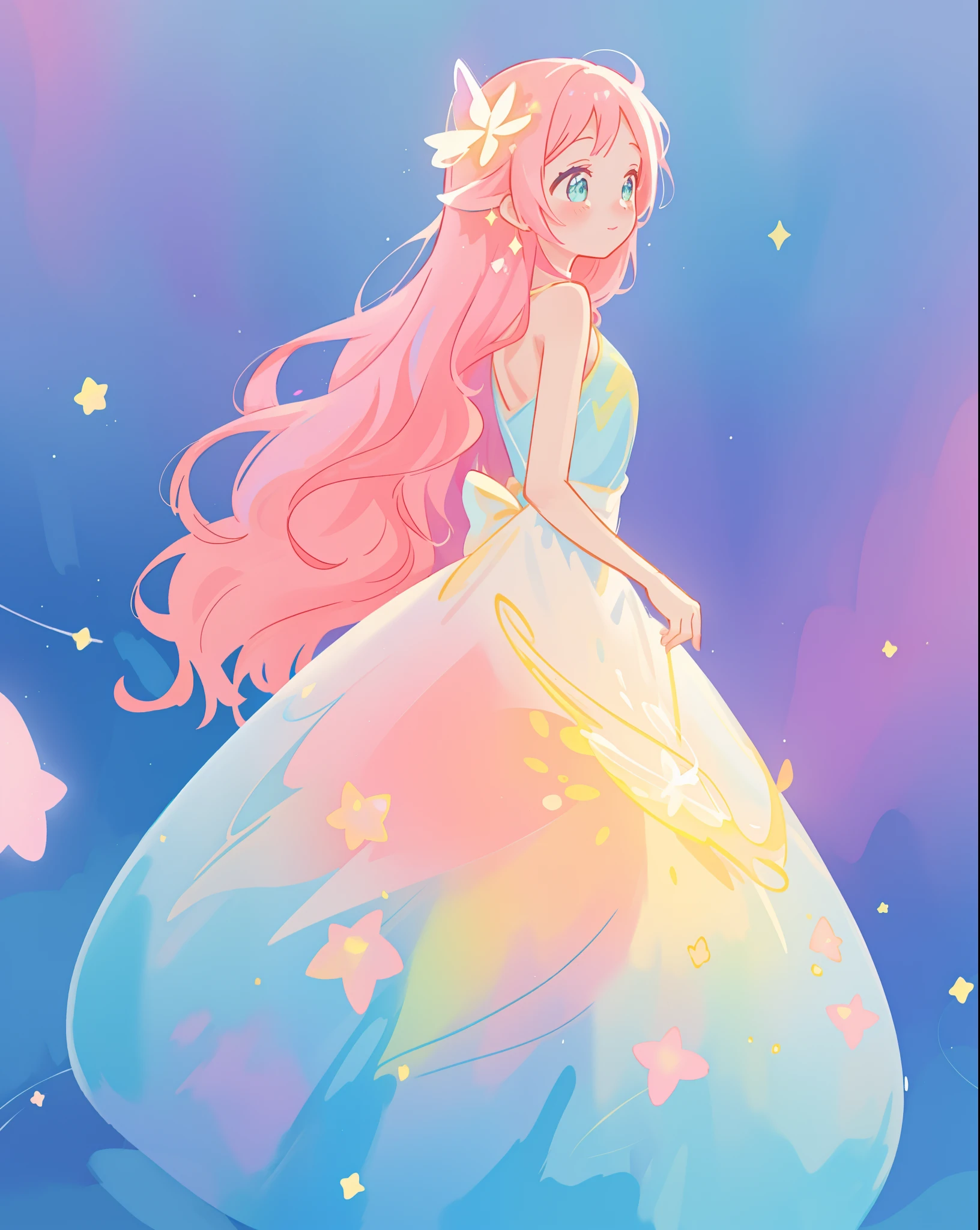 beautiful girl in sparkling gradient ballgown, long wavy peach pink hair, vibrant pastel colors, (colorful), colorful watercolor background, ethereal, magical lights, sparkling liquid light, inspired by Glen Keane, inspired by Lois van Baarle, disney art style, by Lois van Baarle, glowing aura around her, by Glen Keane, jen bartel, glowing lights! digital painting, flowing glowing hair, glowing flowing hair, beautiful digital illustration, fantasia background, whimsical, magical, fantasy, beautiful face, ((masterpiece, best quality)), intricate details, highly detailed, sharp focus, 8k resolution, sparkling detailed eyes, liquid watercolor