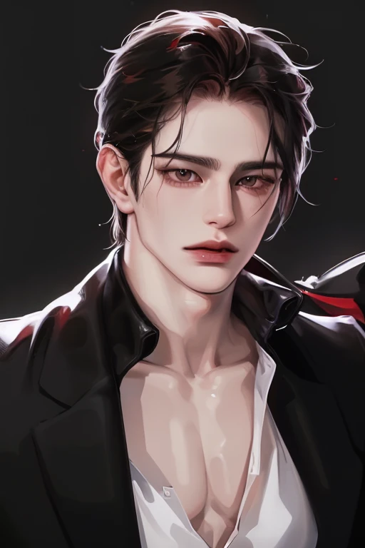 photography of a sexy man, a solo man, (((man))), ((masculine face)), 25 years old, vampire, bad boy, handsome, realistic, (red eyes), expressive look, black hair, long bangs, rose pale lips, (((dark background))), (((city backgtound))), shine hair, angular jaw, broad shoulders, tall, muscular, strong, shaven, black suit, black shirt, super detailed face, perfect body, perfect shapes, realistic image, award winning photography, 8k, (((perfect shiny eyes)))