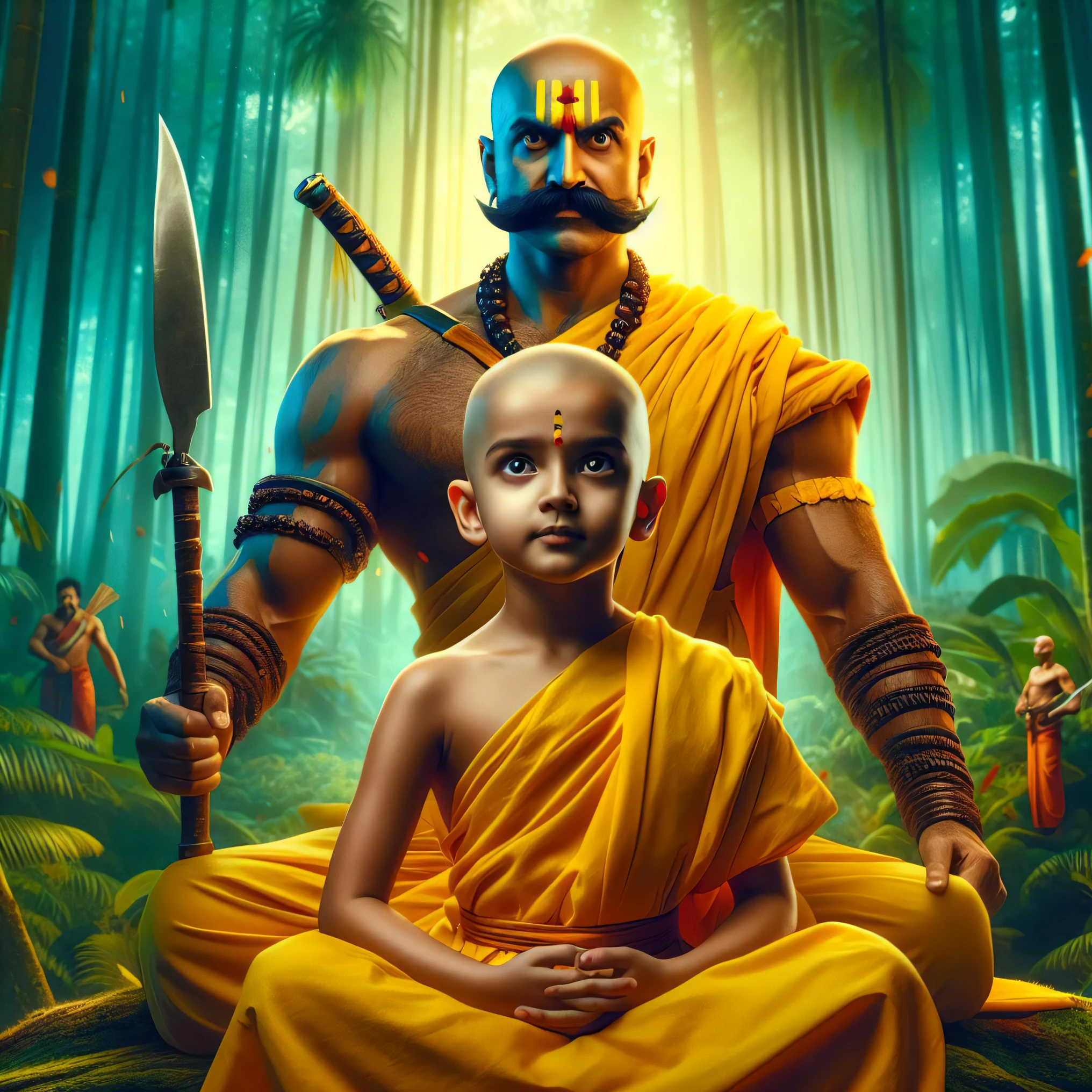 a close up of a person sitting on a bench with a , indian master, concept art of a monk, inspired by Kailash Chandra Meher, by Daryush Shokof, hindu stages of meditation, beautiful avatar pictures, cyril rolando and goro fujita, monk meditate, epic full color illustration, buddhism, inspired by Bapu, buddhist