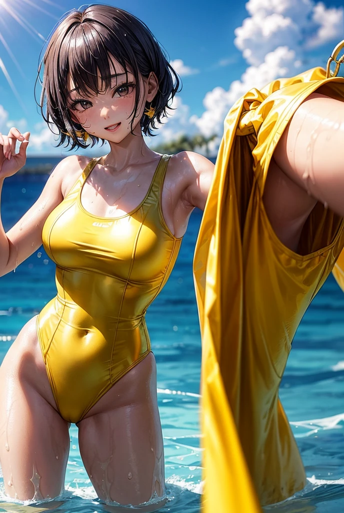 Alafed Asian woman in yellow swimsuit poses for photo, wearing leotard, cute girl wearing a tank suit, wearing a swimming wear, Wet swimsuit, wearing white leotard, in a gold one piece swimsuit, in retro swimsuit, Young Sensual Gravure Idol, in yellow bikini